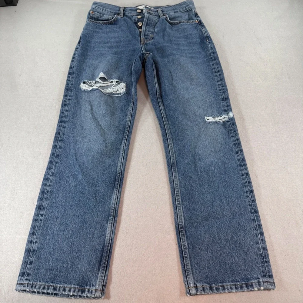 Topshop Dad Jeans 28 – High Rise Distressed Boyfriend Medium Wash Straight Denim